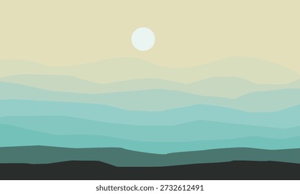 Minimalistische Vektorlandschaft mit geschichteten Hügeln und einer Sonne in einer beruhigenden Farbpalette (beige, teal, blau). Sauberes, modernes Design. Vermittelt Vision, Strategie und ein Gefühl der Ruhe. Ideal für Technologie, Unternehmenspräsentationen oder Marketingmaterialien, die ein professionelles, beruhigendes und anspruchsvolles Bild benötigen.