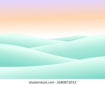 Paisagem vetorial minimalista com colinas suaves em tons de verde pastel e céu gradiente em pêssego a tons de lavanda. Projeto de fundo abstrato perfeito para cartazes, papéis de parede ou projetos digitais