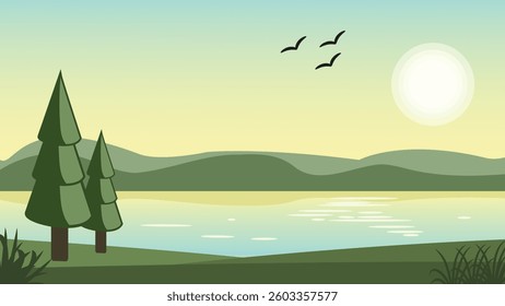 Minimalist Vector Landscape – Sunrise Over Lake and Hills