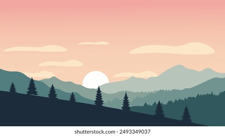 Minimalist vector landscape with sunrise, pine trees, and layered mountains in soft pastel tones. Perfect for nature-themed designs and backgrounds