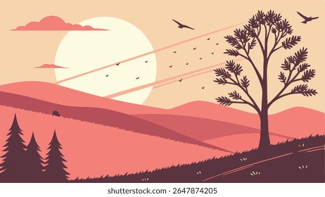 Minimalist vector landscape at sunrise sunset. Serene natural scene with hills, trees, and flying birds. Perfect for backgrounds, outdoor themes, and peaceful designs.