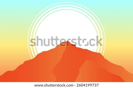 Minimalist vector landscape with a vibrant orange mountain, soft gradient sky, and abstract sun with circular lines. Perfect for backgrounds, posters, and nature-themed designs