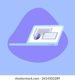 Minimalist vector laptop with charts on screen against abstract blue irregular circles. Ideal for business infographics and presentations.