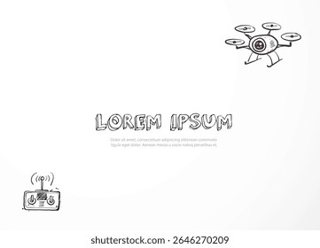 Minimalist vector layout featuring a hand-drawn drone and remote control with central space for custom text or design elements on white background.
