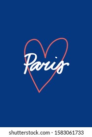 Minimalist vector lettering on blue background. Paris hand drawn inscription. Pink heart. 