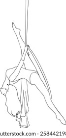 Minimalist vector line art of an aerial silk performer in an elegant upside-down pose. A graceful female figure showcases strength, balance, and flexibility.