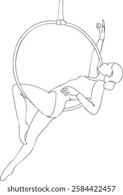 Minimalist vector line art of an aerial acrobat performing on a hoop. Female figure in an elegant pose demonstrates strength and balance. Perfect for circus, dance, and fitness-themed designs.