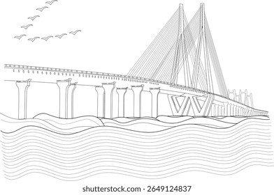 Minimalist vector line art of Bandra Worli Sea Link in Mumbai, India, showcasing its famous architecture, the sea, and birds.