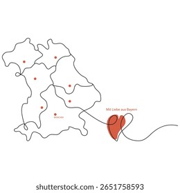Arte de linha de vetor minimalista do mapa da Baviera com um coração vermelho e marcador de Munique. Com amor da Baviera em texto alemão. Linhas pretas simples no fundo branco, perfeito para viagens e projetos regionais.