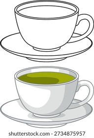 Minimalist vector line art and colored illustration of a ceramic teacup filled with green tea