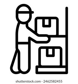 Minimalist vector line art of a delivery worker icon for logistics and shipping services, depicting a simplistic black and white silhouette of a person handling a package