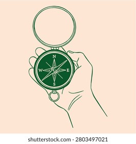 Minimalist vector line art of a hand holding an open vintage pocket compass. Naive ink sketch showing a classic magnetic navigation tool, ideal for hiking orientation, wilderness survival, and scouting designs.