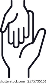 Minimalist vector line art icon of two hands holding each other, symbolizing love, affection, support, kindness, help, togetherness, and empathy