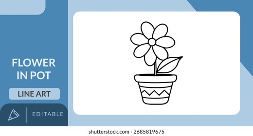 A minimalist vector line art icon of a flower in a pot, ideal for designs related to gardening, home decor, and nature.