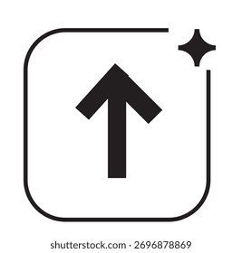 Ícone minimalista de arte vetorial de uma seta para cima em negrito dentro de um quadrado arredondado, com um elemento cintilante, simbolizando upload, crescimento ou uma atualização de recurso premium.