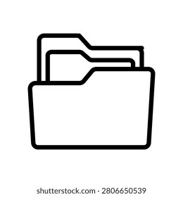 Minimalist vector line art icon illustrating an open file folder containing various documents, symbolizing efficient data storage, digital organization, and document management solutions