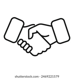 Minimalist vector line art illustration of a black and white handshake symbolizing agreement. Partnership. Business deal. Cooperation. Collaboration. Unity. Trust. Success. Pact. Commitment. Alliance