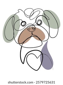 Minimalist vector line art illustration of a Pug dog face with abstract black lines and muted color accents on a white background.