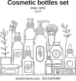 Minimalist vector line art illustration of various cosmetic and skincare product bottles, including pump dispensers, dropper bottles, cream jars, and makeup tools