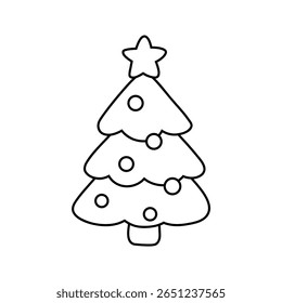 Minimalist vector line art illustration of a Christmas tree decorated with ornaments and lights. Black and white drawing ideal for holiday greeting cards, festive designs, and seasonal decorations.