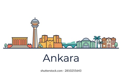 A minimalist vector line art illustration of Ankara skyline landmarks on a white background for travel and tourism graphic designs.