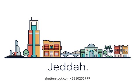 A minimalist vector line art illustration of the Jeddah skyline featuring landmark buildings, bridges, and palms on a white background.