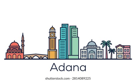 A minimalist vector line art illustration of the Adana city skyline featuring key landmarks and historic architecture on a white background.