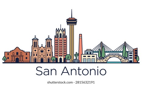 A minimalist vector line art illustration of the San Antonio, Texas city skyline featuring iconic landmarks for travel and tourism designs.