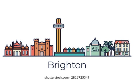 A minimalist vector line art illustration of the Brighton skyline featuring iconic landmarks like the Royal Pavilion and i360 tower.