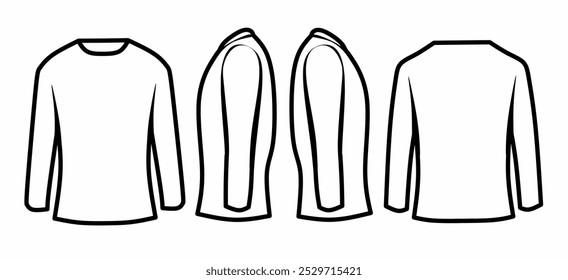 Minimalist vector line art of a long sleeve t-shirt, featuring clean lines and simple details. Perfect for showcasing casual wear, fashion design concepts, or apparel mockups