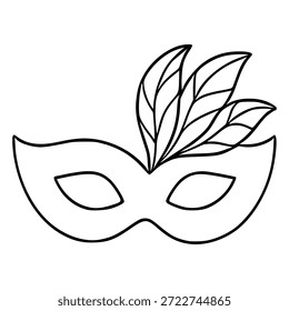 Minimalist vector line art of a masquerade mask with decorative feathers, perfect for celebratory designs.