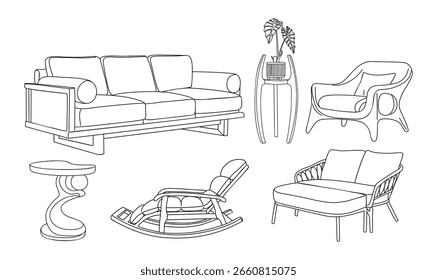 Minimalist vector line art set of modern furniture including sofa, armchairs, side tables, plant stand, and rocking chair. Stylish black outline illustrations for interior design projects.
