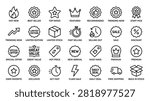 Minimalist vector line art showing ecommerce shopping badges including discount percentages free shipping speed delivery flash sale and daily deals for online marketing projects and business web design graphics with high contrast black and white clean visual aesthetic elements.