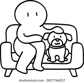 Minimalist vector line art showing a person sitting on a small couch cuddling a happy dog. Cozy doodle of indoor daily pet companion, isolated on transparent background.
