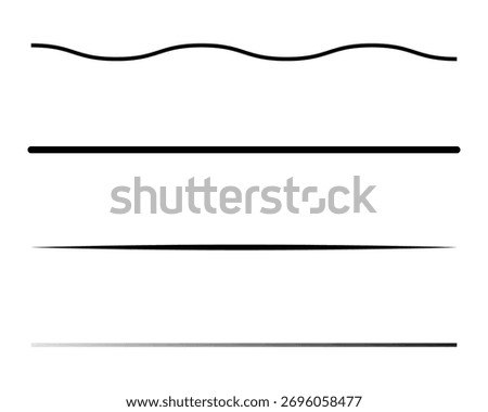 Minimalist vector line and divider designs set featuring various patterns including wavy, solid, and gradient lines for graphic and user interface design projects.