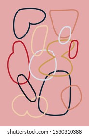 Minimalist vector line drawing with different geometric shapes. Abstract composition with streamlined figures on pink background.