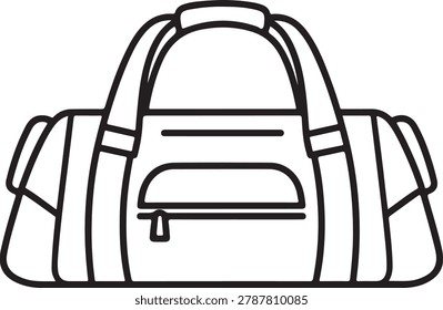 Minimalist vector line drawing of a practical duffel bag featuring a main compartment, side pocket, and sturdy shoulder strap for easy carrying.