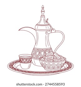 Minimalist vector line drawing of a traditional Middle Eastern coffee set with a Dallah pot and bowl of dates.