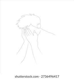 A minimalist vector line drawing of a young man hiding his face in his hands. Concept for depression, anxiety, grief, mental health awareness, or stress.

Keywords: sadness, despair, mental health, lonely, crying, stress, burnout, minimalist, vector.
