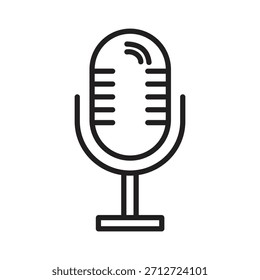 Icono de línea de Vector minimalista de un micrófono de estudio clásico en un soporte. Perfecto para proyectos de diseño de podcast, música, radiodifusión y grabación de audio.
