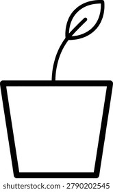 A minimalist vector line icon depicting a single sprout with one leaf growing out of a simple flower pot, representing nature, growth, and gardening.