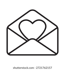 Icono de línea de Vector minimalista de un sobre abierto con un corazón dentro. Ideal para cartas románticas, saludos de San Valentín e invitaciones de boda. Limpio contorno negro aislado en blanco.