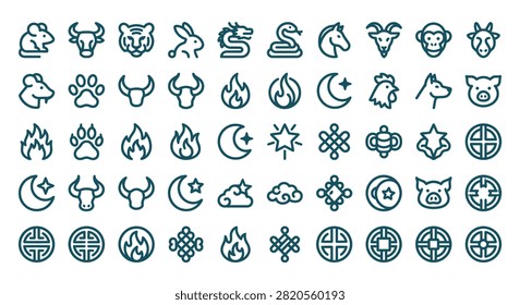 Minimalist vector line icon set featuring twelve Chinese zodiac animals, celestial crescent moons, stars, flames, paw prints, and traditional oriental geometric symbols on white.