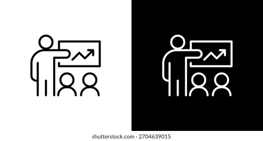 Minimalist vector line icon of a speaker presenting a rising graph on a whiteboard to an audience, symbolizing business growth, education, and progress