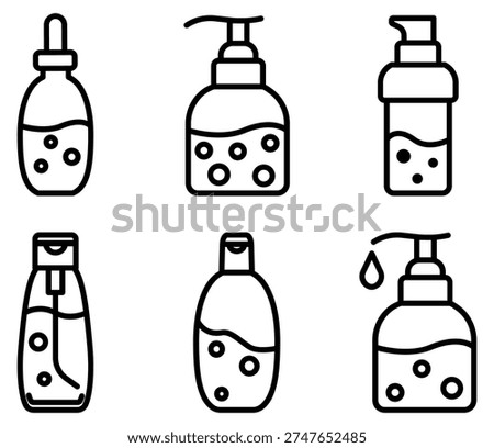 Minimalist vector line icons of diverse cosmetic containers like pump dispensers and droppers. Ideal for skincare web design, beauty blog graphics, or professional spa branding projects.