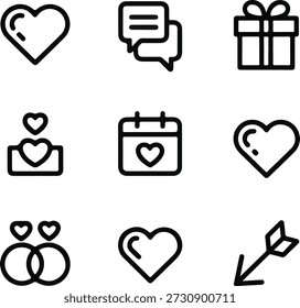 Iconos de línea de Vector minimalistas con corazones, regalos y símbolos románticos para el día de San Valentín, bodas y diseño de interfaz de usuario digital. Aislado sobre fondo blanco con trazo editable.