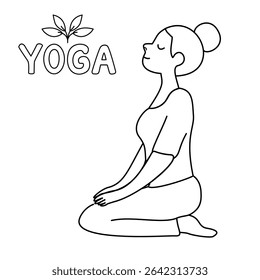 Minimalist vector line illustration of a woman in a seated yoga pose with “YOGA” lettering and leaf icon. Perfect for wellness branding, mindfulness content, and digital self-care designs