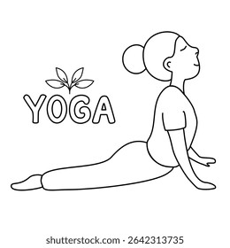 Minimalist vector line illustration of a woman in cobra yoga pose with "YOGA" lettering and leaf element. Ideal for wellness branding, fitness posters, and digital self-care projects.