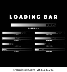 Barras de carregamento de vetor minimalistas com indicadores de porcentagem. Ideal para design de interface do usuário, aplicativos, painéis e projetos da Web. Formato EPS totalmente editável e escalável.