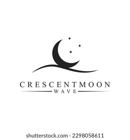 Minimalist vector logo with an abstract image of a crescent moon with waves